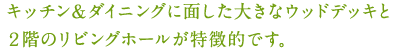 キッチン＆ダイニングに面した大きなウッドデッキと２階のリビングホールが特徴的です。